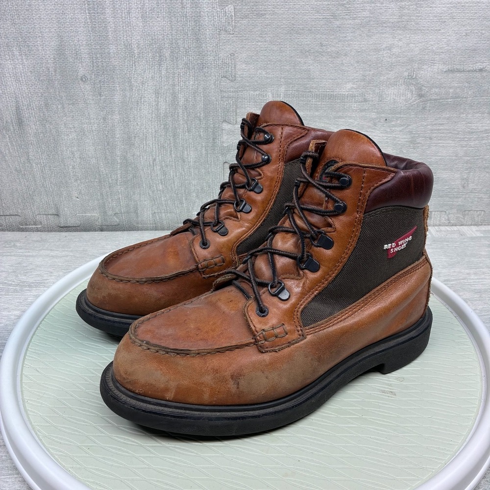 Vintage Red Wing 203 Work Boots Mens 9 Brown Leather Canvas Moc Toe Muscle Shoe